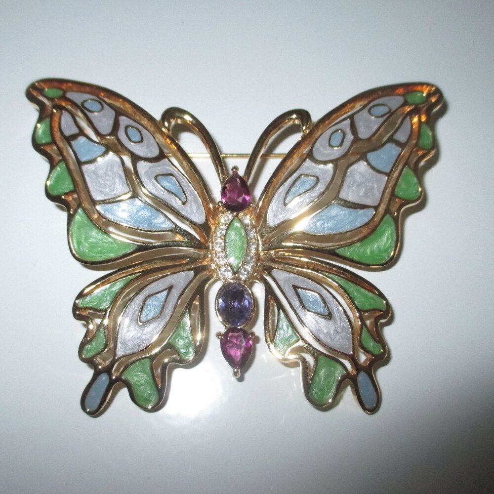 Bob Mackie Butterfly Pin Brooch Gold Tone Pastel Blue Green Enamel Rhinestones